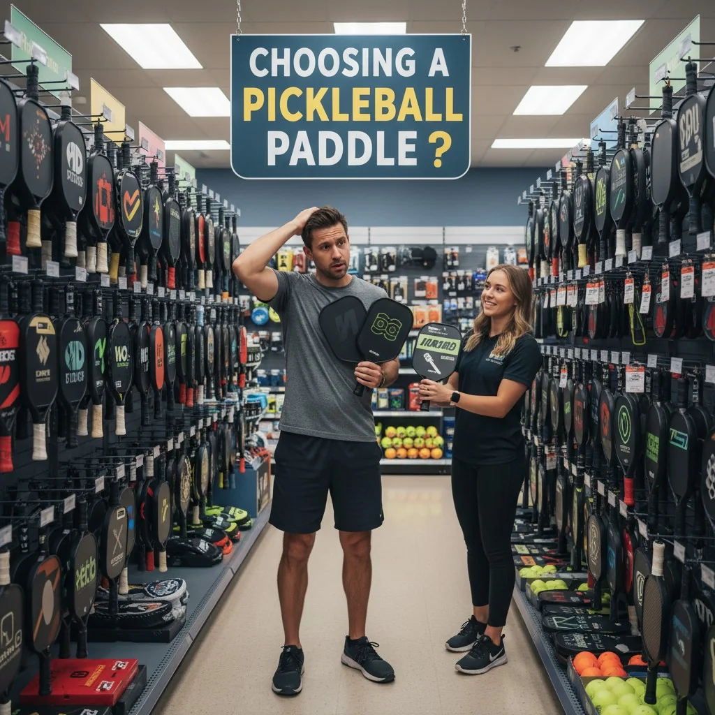 Un jugador parece confundido mientras elige entre varias palas de pickleball en una tienda