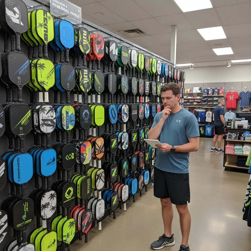 A person looking thoughtfully at a wall of different pickleball paddles in a store.