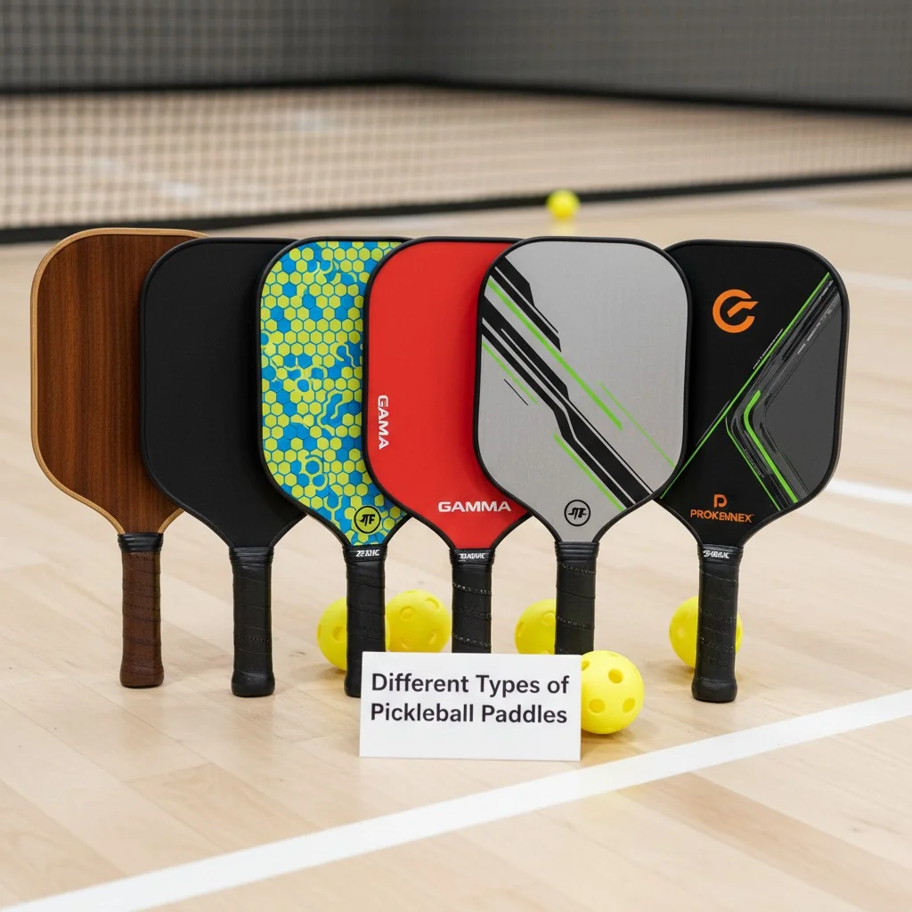 Uma coleção de diferentes pás de pickleball, incluindo madeira, compósito e fibra de carbono