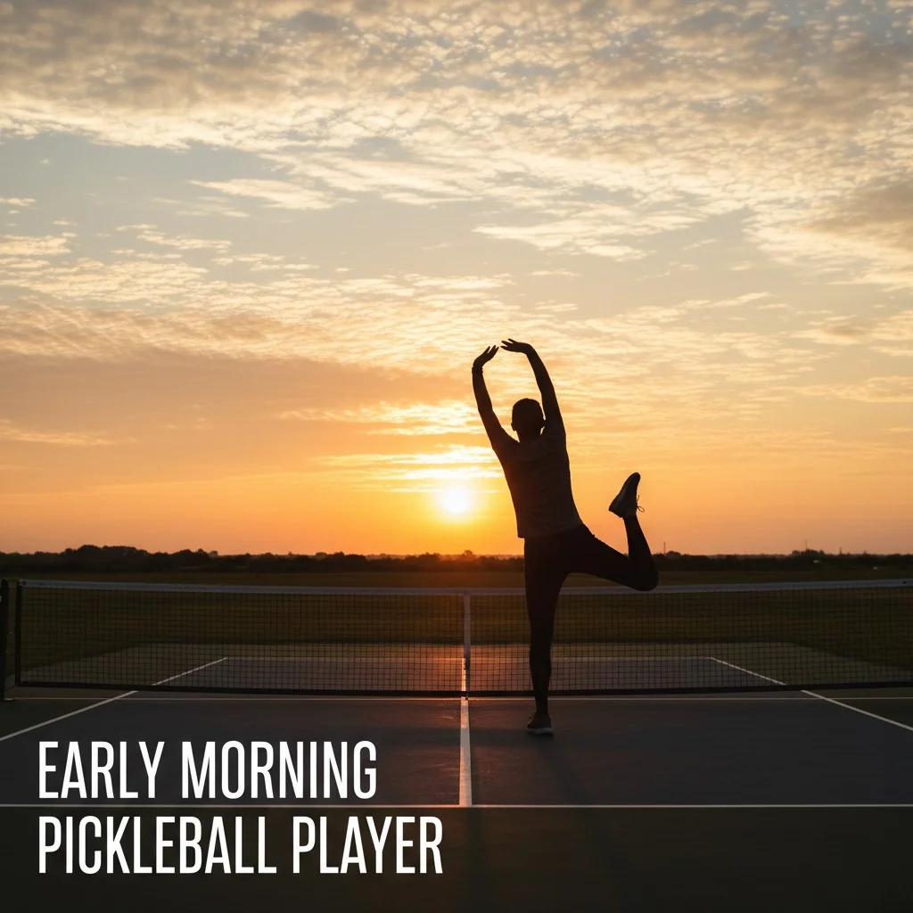 A silhouette of a pickleball player stretching on a court as the sun rises.