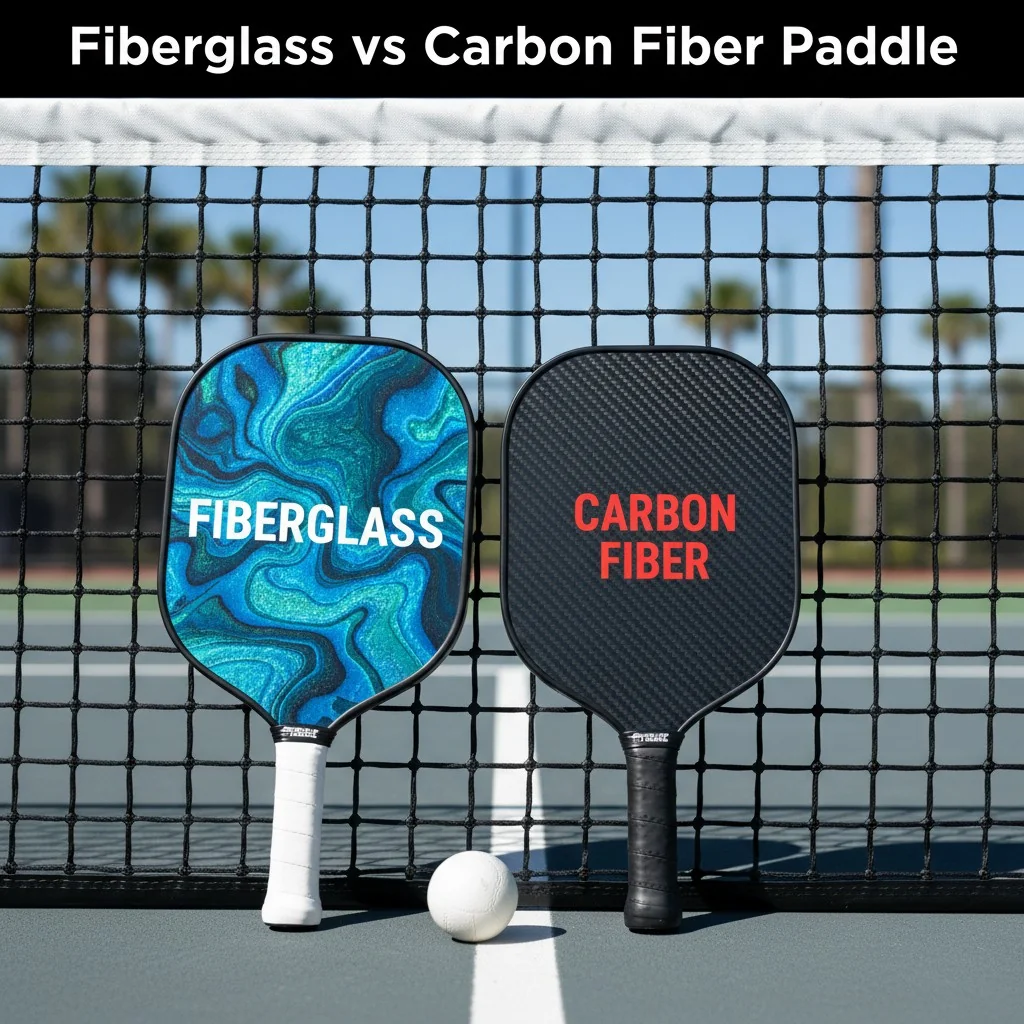 Dos palas de pickleball, una de fibra de vidrio y otra de fibra de carbono, apoyadas contra una red.