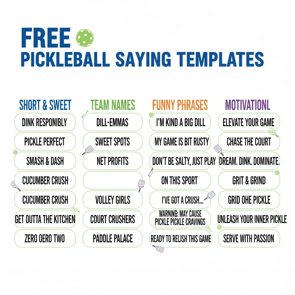 A grid of different pickleball sayings organized into categories like 'Short & Sweet' and 'Team Names'.