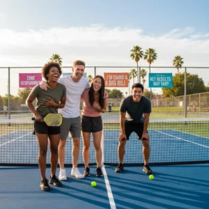Un groupe de quatre amis divers riant sur un terrain de pickleball après un point.