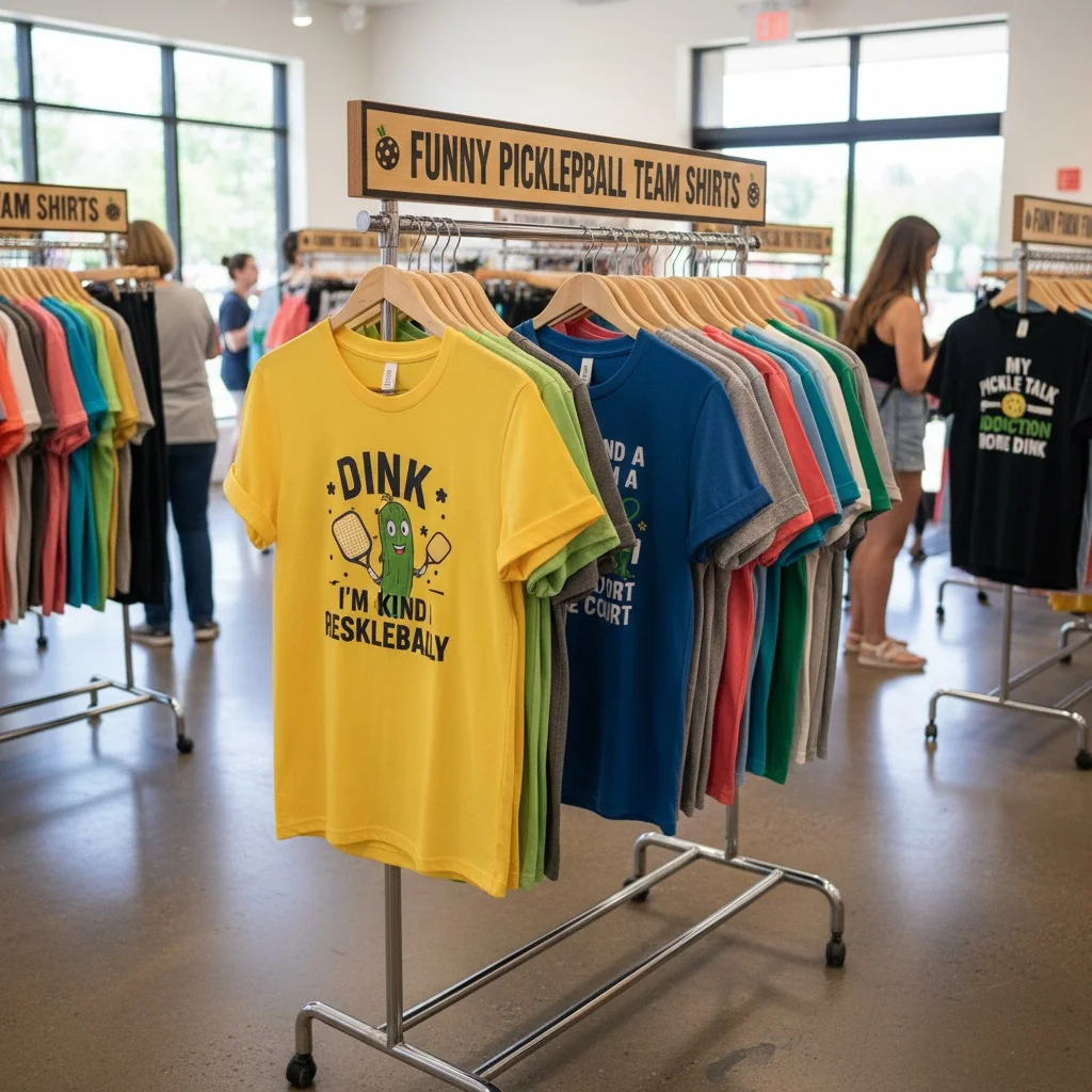 A rack of t-shirts with different funny pickleball slogans printed on them.