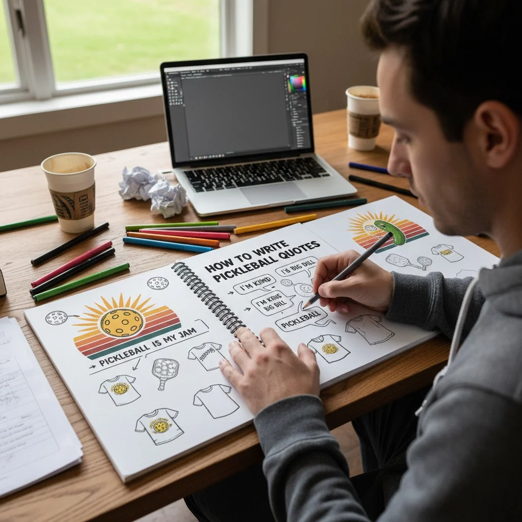 A person sketching ideas for pickleball shirt designs in a notebook