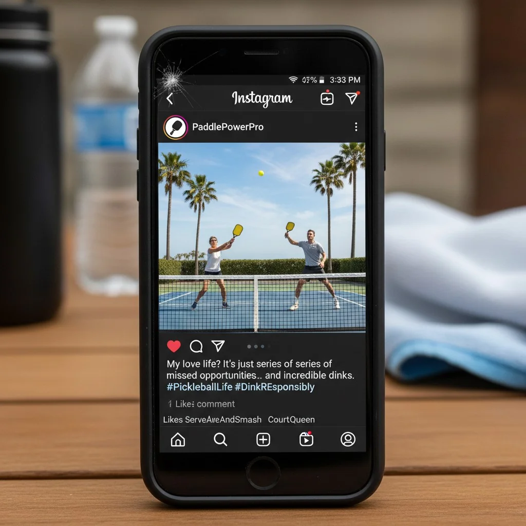 A smartphone screen showing an Instagram post with a pickleball photo and a short, witty caption.
