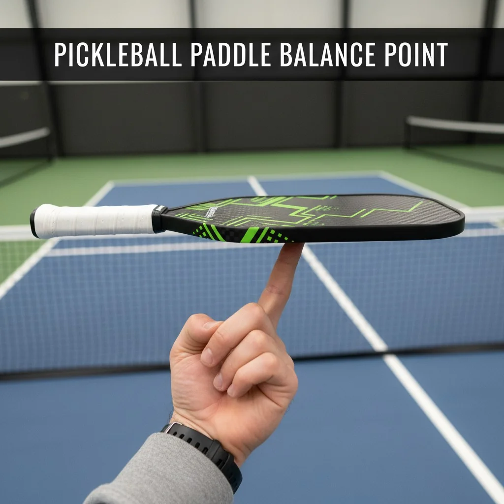 Una mano sosteniendo una paleta de pickleball, equilibrada sobre un dedo para mostrar su punto de equilibrio.