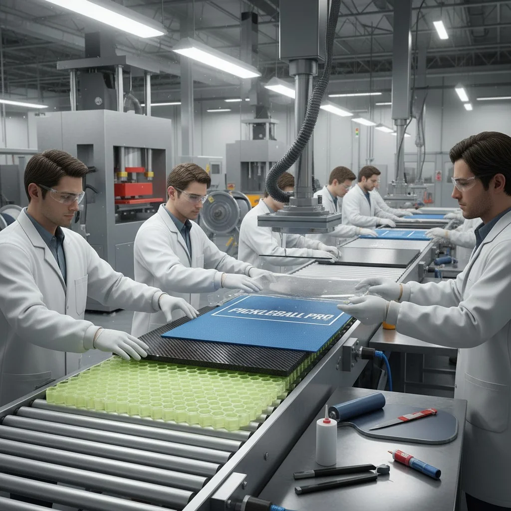 Capas de una paleta de pickleball ensambladas en una fábrica, mostrando los materiales del núcleo y la cara.