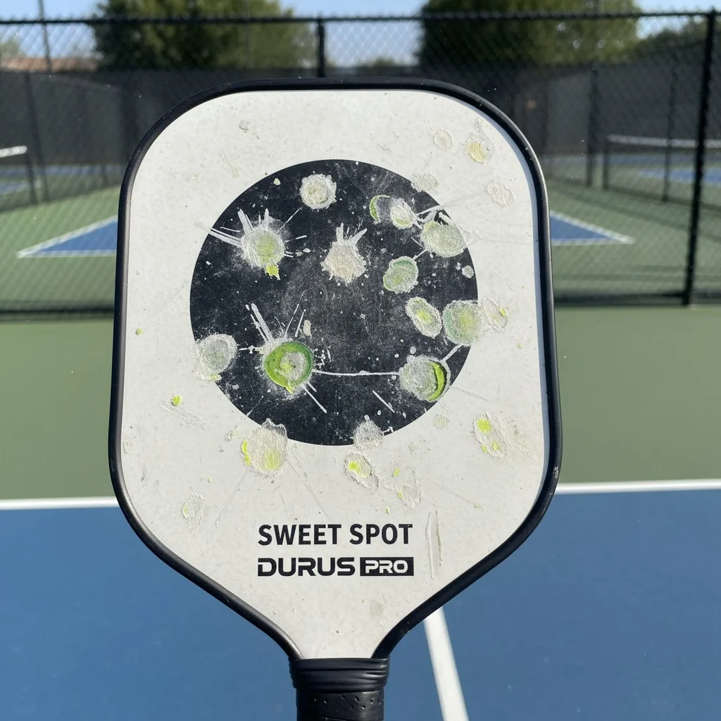 Una pelota de pickleball con marcas de impacto en la cara de la pala