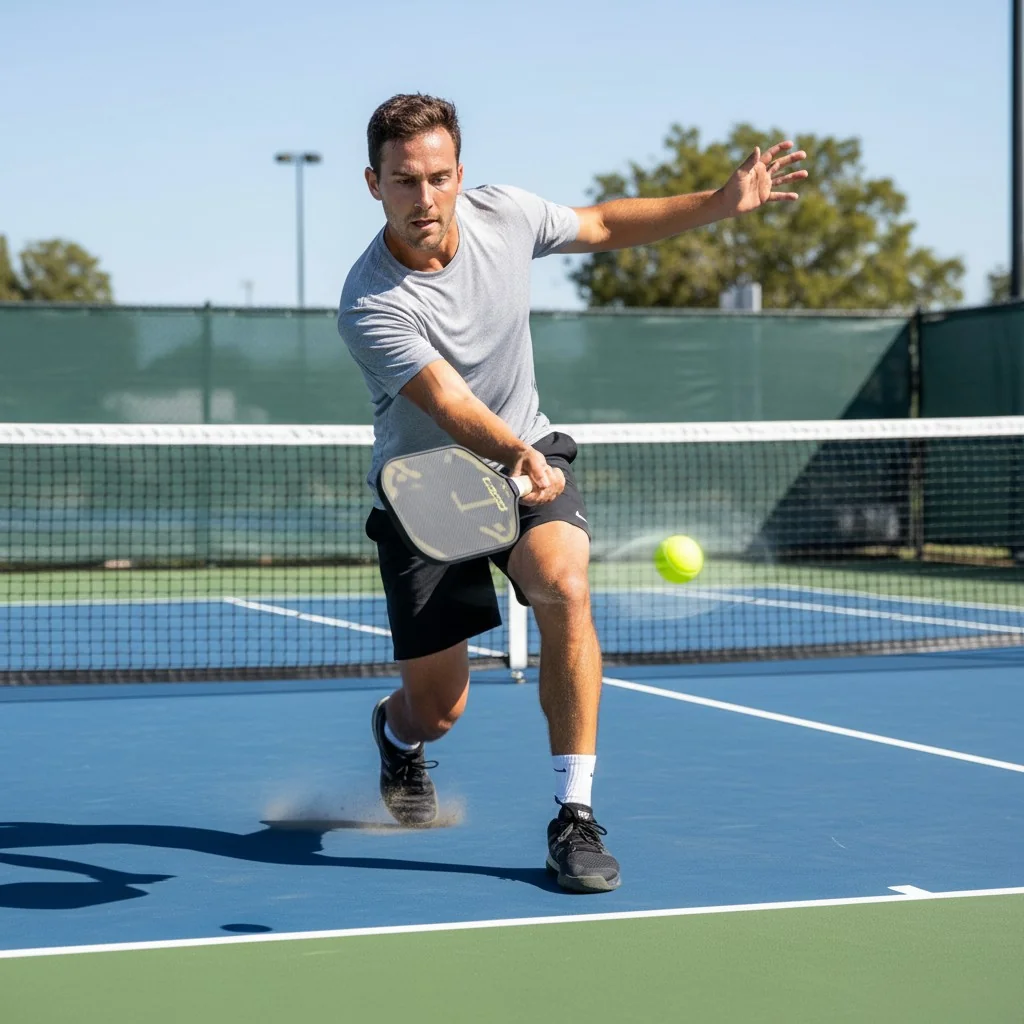 Un jugador golpea un potente drive de pickleball desde la línea de fondo