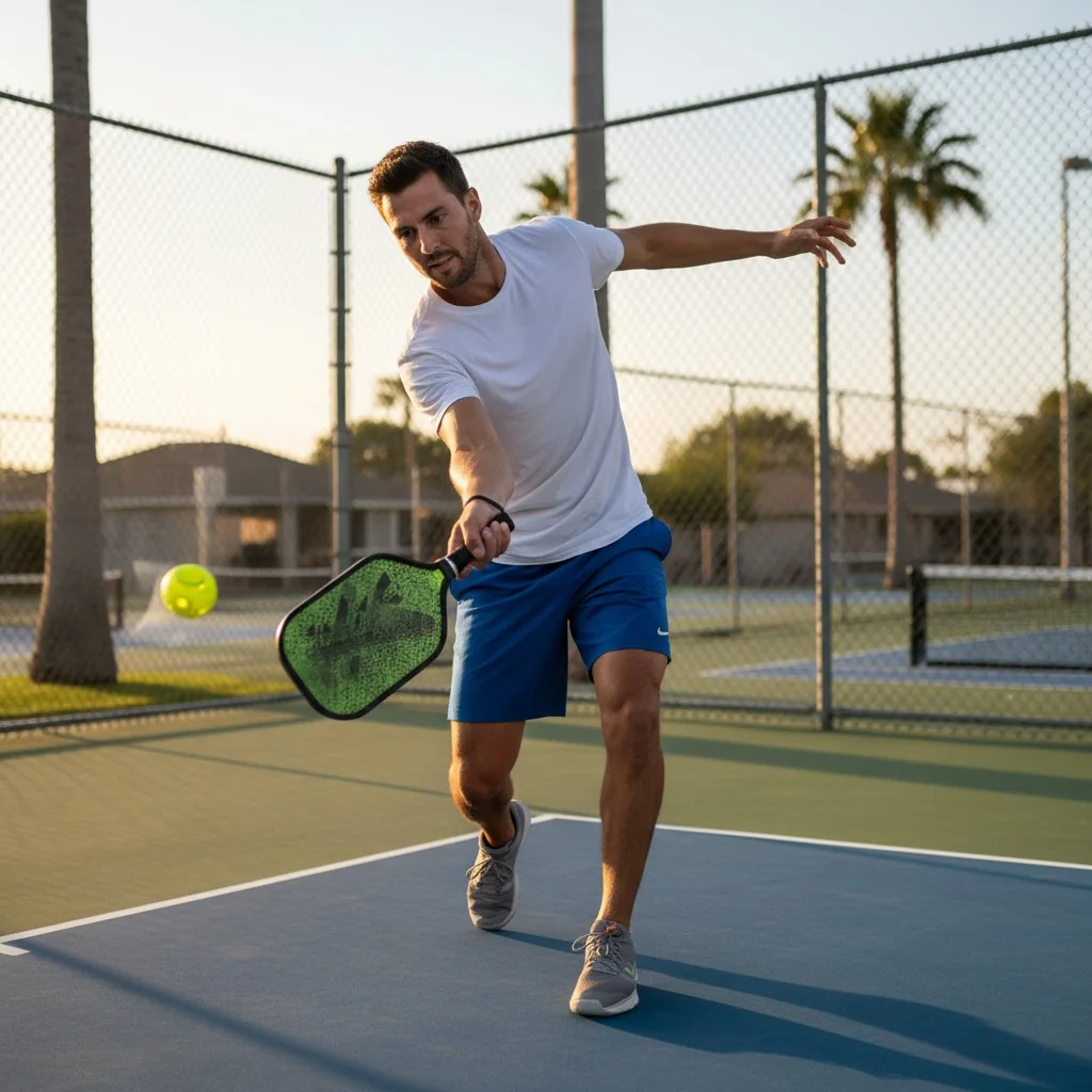 Un jugador golpea un potente drive de pickleball con una pala de fibra de vidrio.