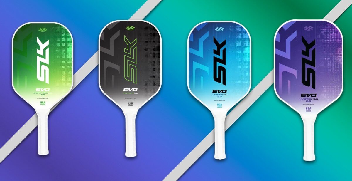 A collection of colorful SLK by Selkirk paddles.
