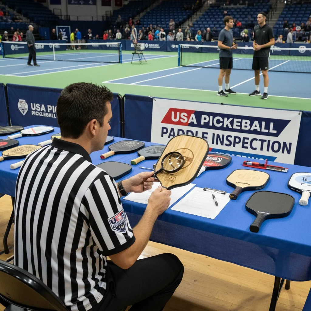 Um árbitro inspecciona uma raquete de pickleball de madeira antes de um jogo de torneio
