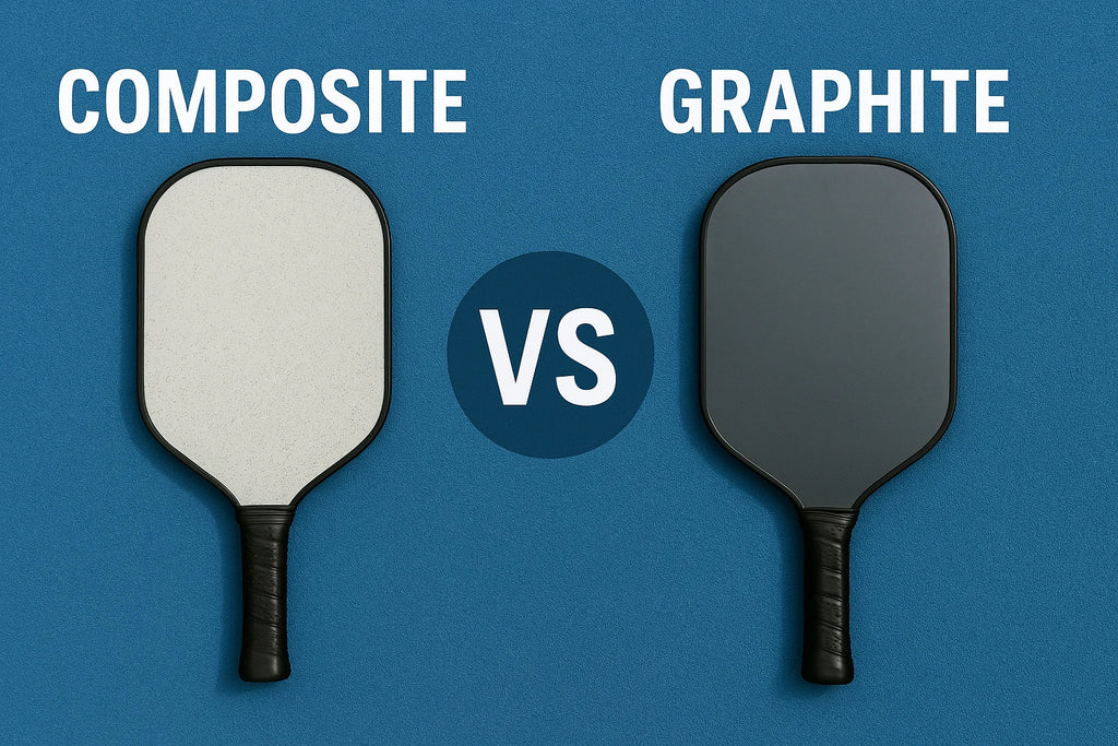 A side-by-side comparison of three paddle faces: a sleek graphite paddle, a textured fiberglass paddle, and a woven carbon fiber paddle.
